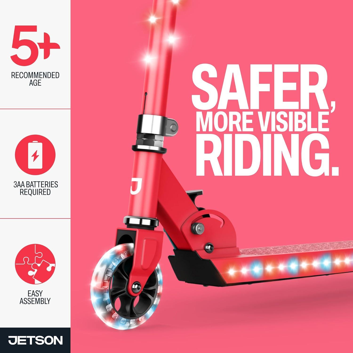 image:imageJetson Jupiter Kids 2Wheel LightUp Kick Scooter LED Lights on Handlebar Stem Wheels amp Deck Adjustable Handlebar Rear Brake EasyFolding Mechanism Ages 5Jupiter Red