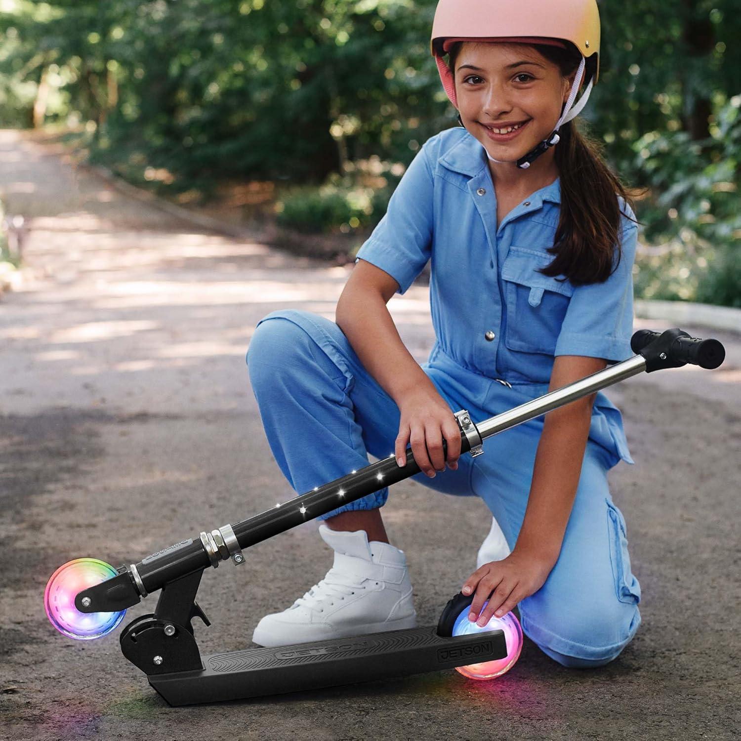 image:imageJetson Jupiter Kids 2Wheel LightUp Kick Scooter LED Lights on Handlebar Stem Wheels amp Deck Adjustable Handlebar Rear Brake EasyFolding Mechanism Ages 5Moonbeam Black