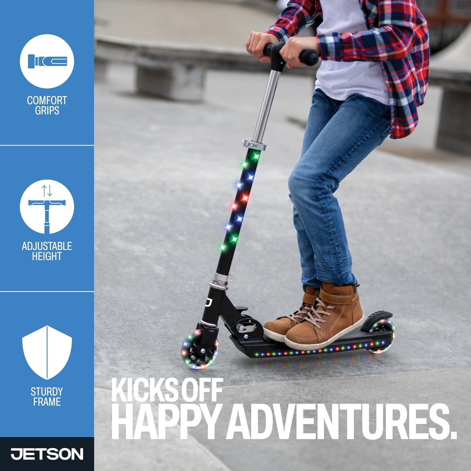 image:imageJetson Jupiter Kids 2Wheel LightUp Kick Scooter LED Lights on Handlebar Stem Wheels amp Deck Adjustable Handlebar Rear Brake EasyFolding Mechanism Ages 5Jupiter Blue