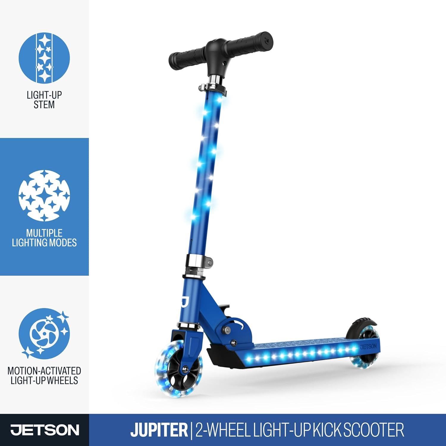 image:imageJetson Jupiter Kids 2Wheel LightUp Kick Scooter LED Lights on Handlebar Stem Wheels amp Deck Adjustable Handlebar Rear Brake EasyFolding Mechanism Ages 5Jupiter Blue