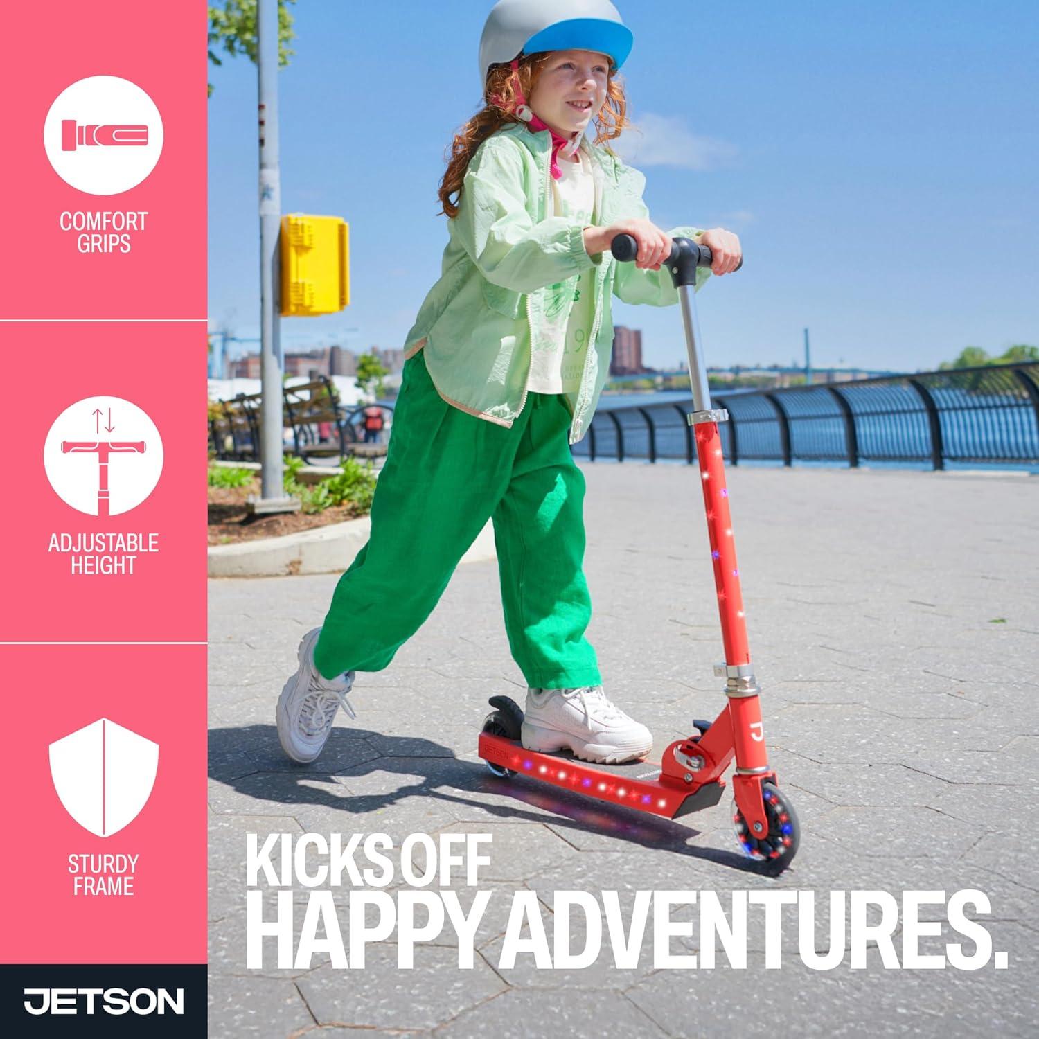 image:imageJetson Jupiter Kids 2Wheel LightUp Kick Scooter LED Lights on Handlebar Stem Wheels amp Deck Adjustable Handlebar Rear Brake EasyFolding Mechanism Ages 5Jupiter Red