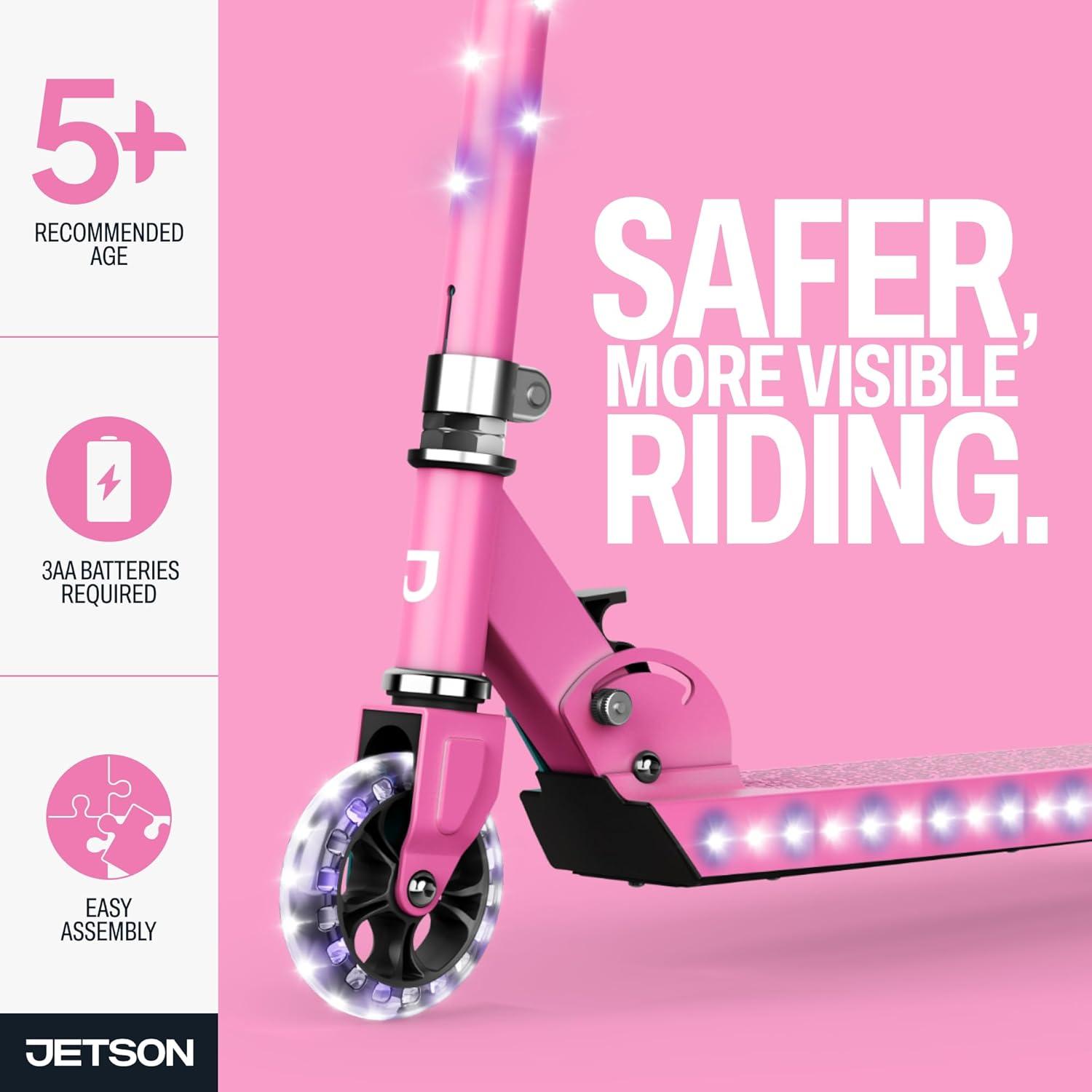 image:imageJetson Jupiter Kids 2Wheel LightUp Kick Scooter LED Lights on Handlebar Stem Wheels amp Deck Adjustable Handlebar Rear Brake EasyFolding Mechanism Ages 5Jupiter Pink