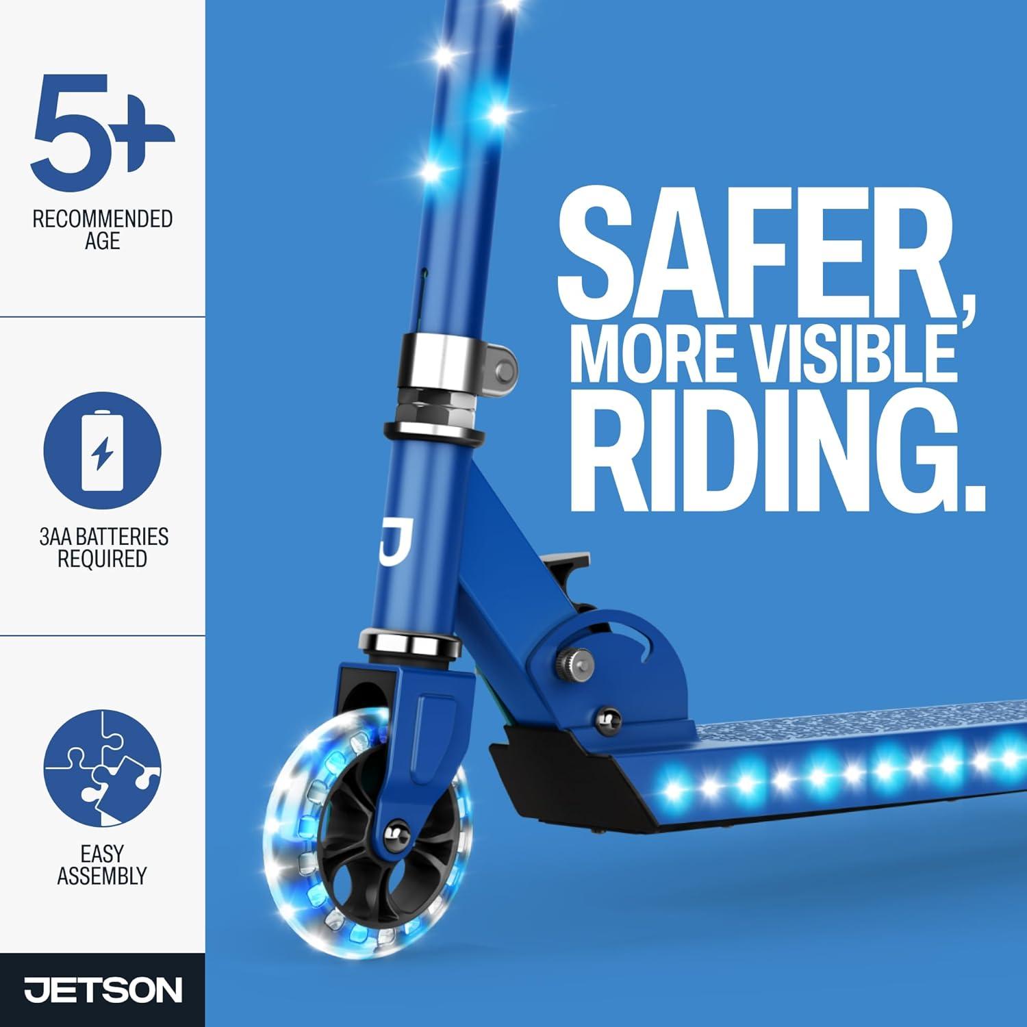 image:imageJetson Jupiter Kids 2Wheel LightUp Kick Scooter LED Lights on Handlebar Stem Wheels amp Deck Adjustable Handlebar Rear Brake EasyFolding Mechanism Ages 5Jupiter Blue