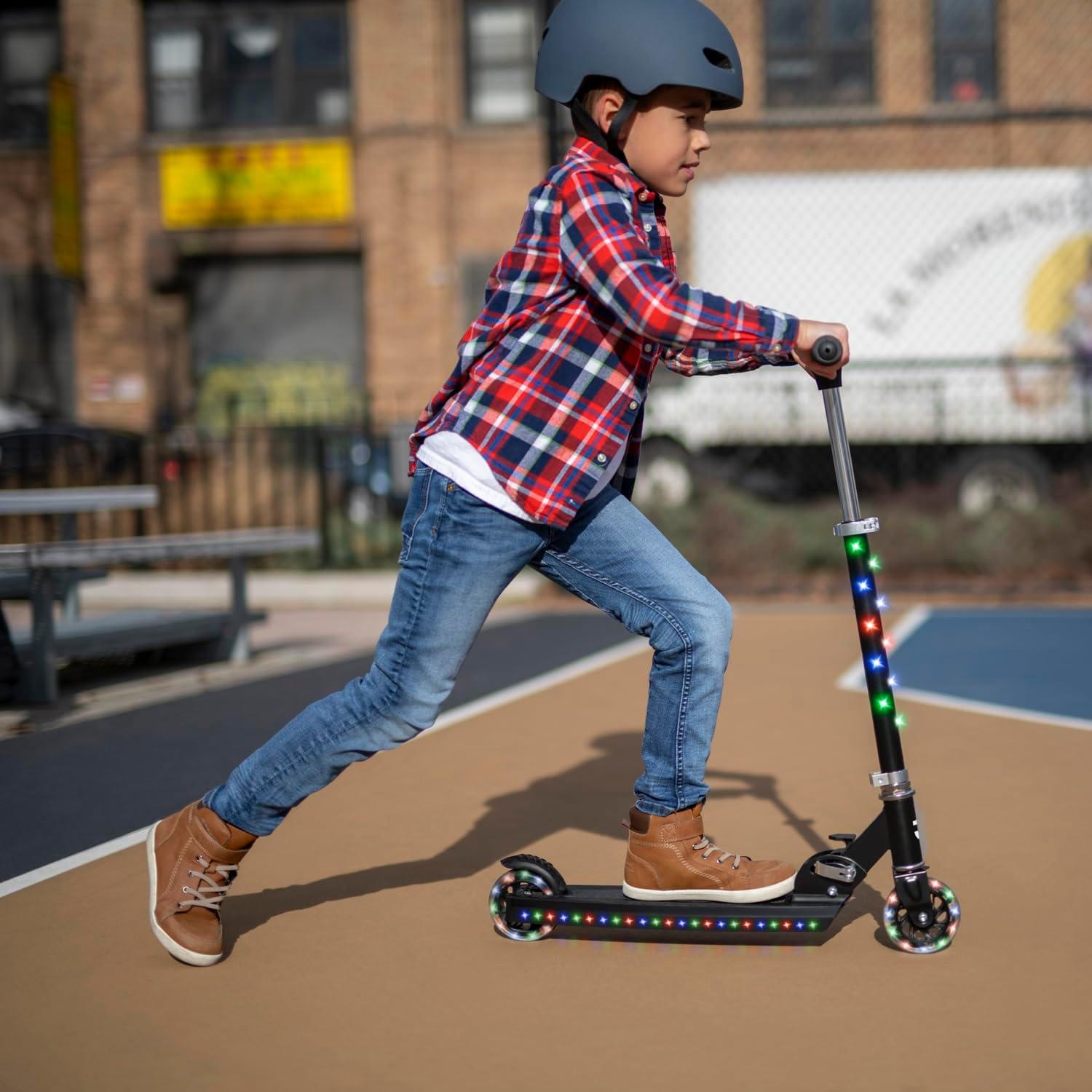 image:imageJetson Jupiter Kids 2Wheel LightUp Kick Scooter LED Lights on Handlebar Stem Wheels amp Deck Adjustable Handlebar Rear Brake EasyFolding Mechanism Ages 5Jupiter Blue