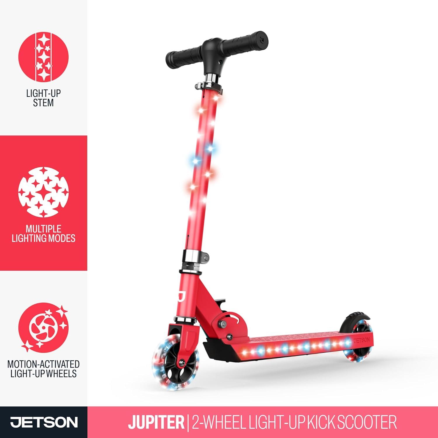 image:imageJetson Jupiter Kids 2Wheel LightUp Kick Scooter LED Lights on Handlebar Stem Wheels amp Deck Adjustable Handlebar Rear Brake EasyFolding Mechanism Ages 5Jupiter Red