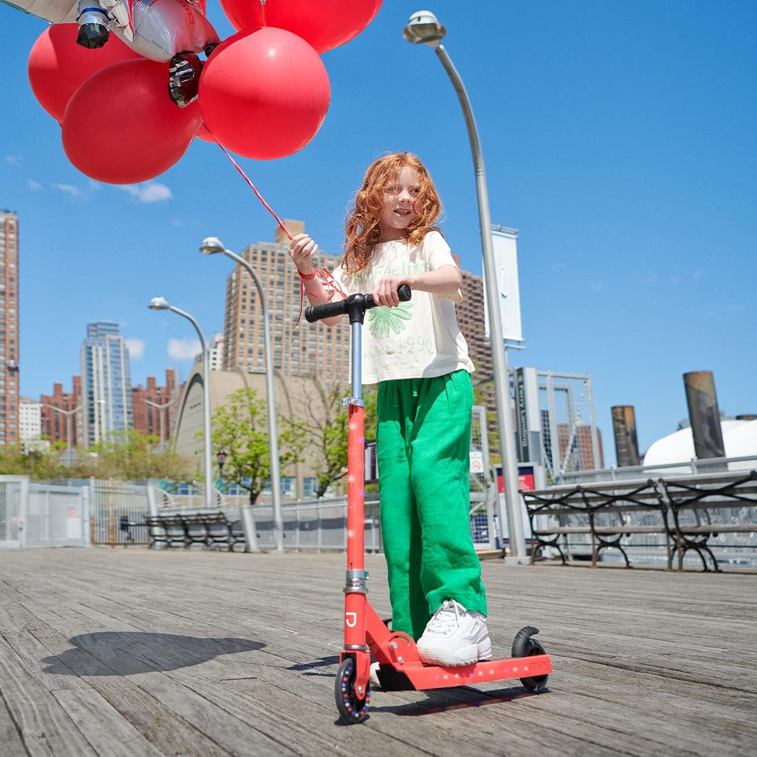 image:imageJetson Jupiter Kids 2Wheel LightUp Kick Scooter LED Lights on Handlebar Stem Wheels amp Deck Adjustable Handlebar Rear Brake EasyFolding Mechanism Ages 5Jupiter Red