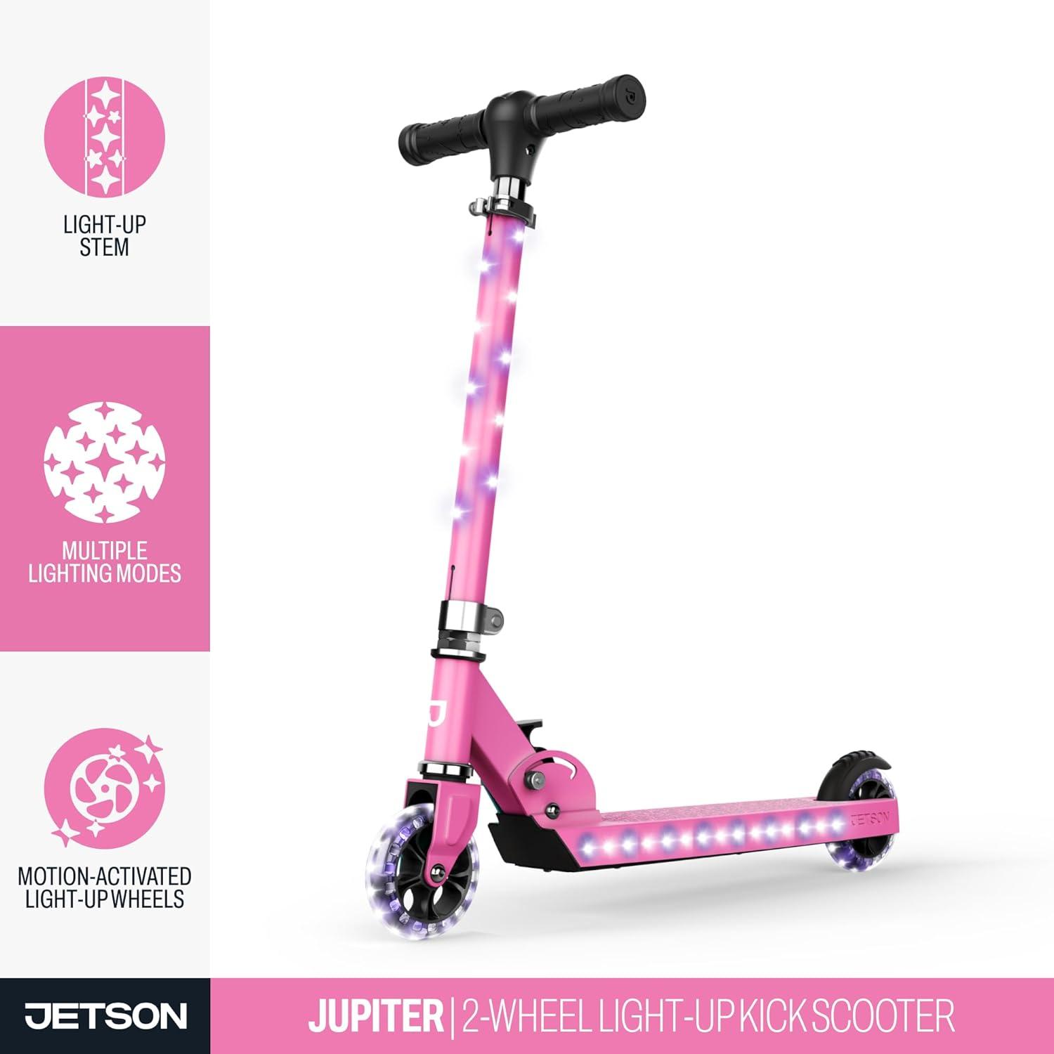 image:imageJetson Jupiter Kids 2Wheel LightUp Kick Scooter LED Lights on Handlebar Stem Wheels amp Deck Adjustable Handlebar Rear Brake EasyFolding Mechanism Ages 5Jupiter Pink
