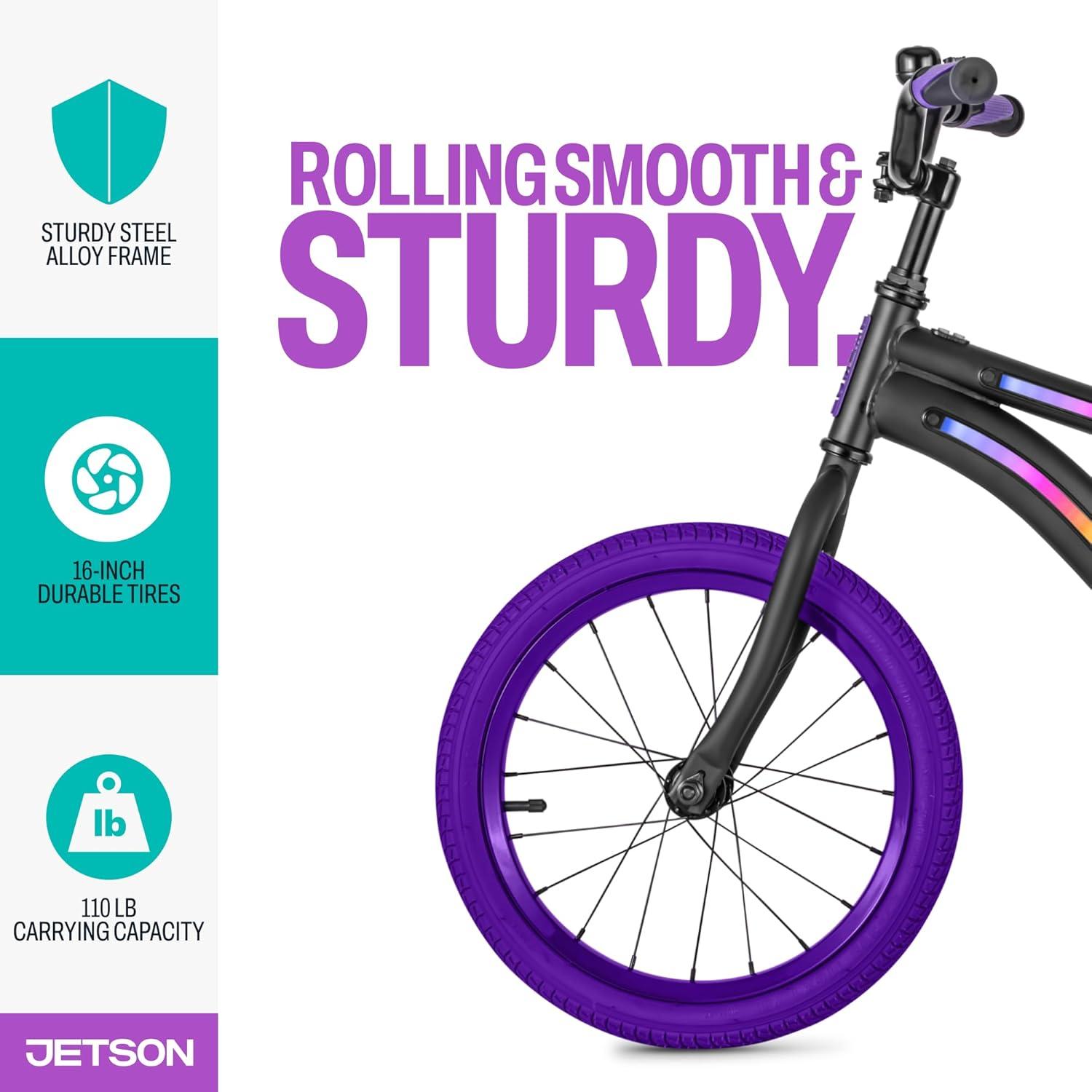 image:imageJetson Light Rider Kids Lightup Unisex Bike LED Lightup Frame 3 Different Light ModesBlackPurple 16 Inch Tire