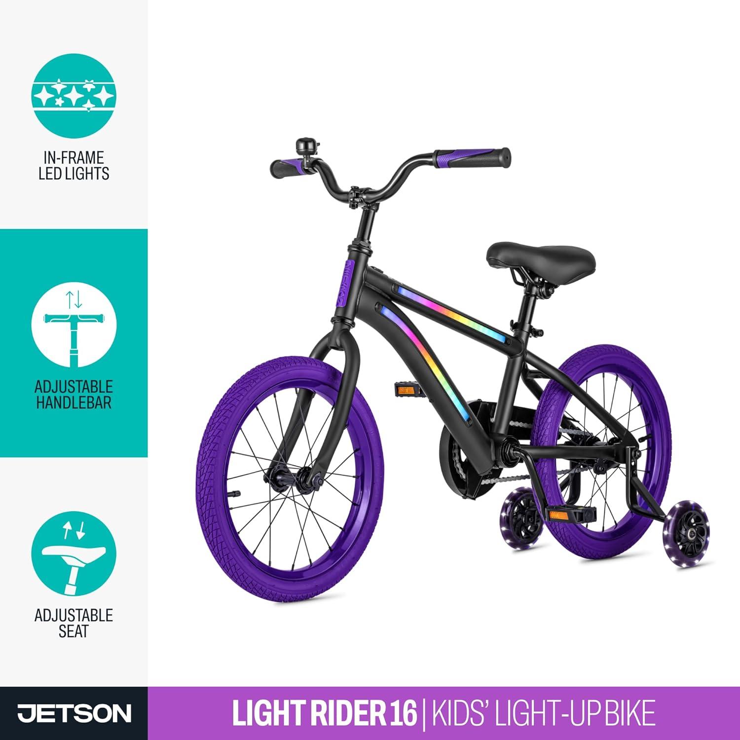 image:imageJetson Light Rider Kids Lightup Unisex Bike LED Lightup Frame 3 Different Light ModesBlackPurple 16 Inch Tire