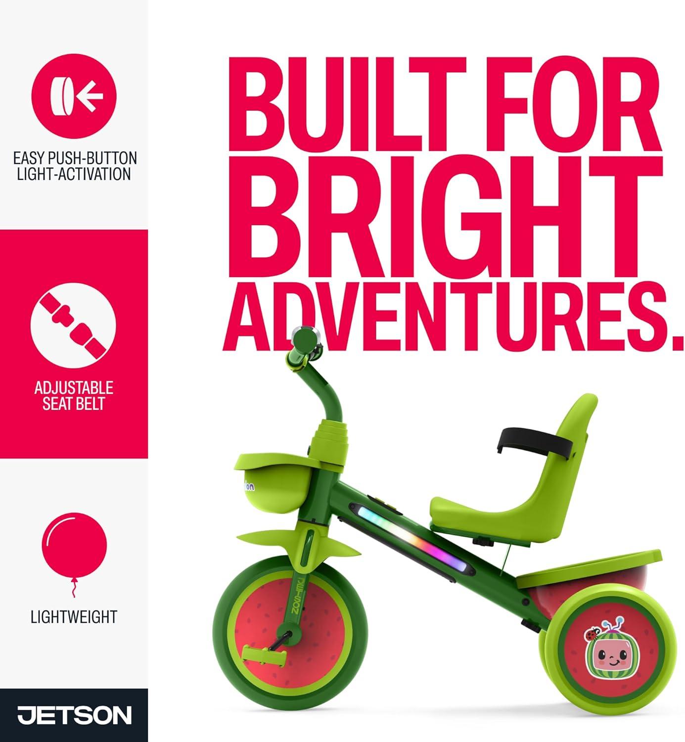 image:imageJetson LightUp Trike Front and Rear Baskets MultiColored LED Lights Seatbelt and BellCocomelon Green