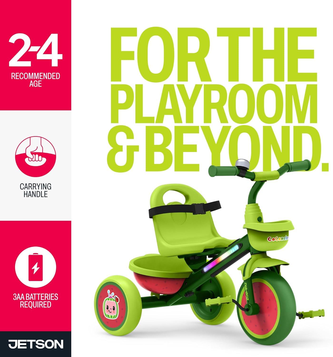 image:imageJetson LightUp Trike Front and Rear Baskets MultiColored LED Lights Seatbelt and BellCocomelon Green
