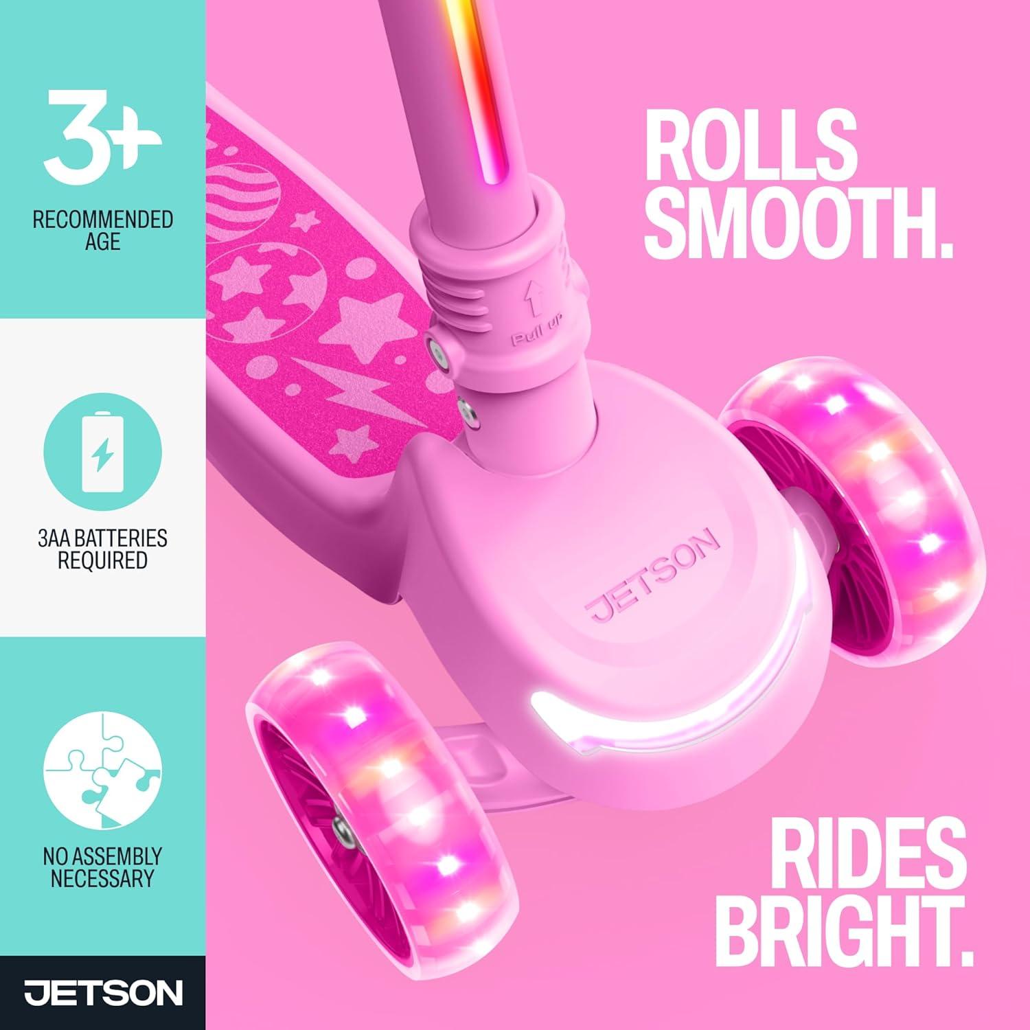 image:imageJetson 3Wheel LightUp Kick Scooter Lights on Stem amp Wheels Height Adjustable Handlebar Rear Brake Foldable Ages 3Pink