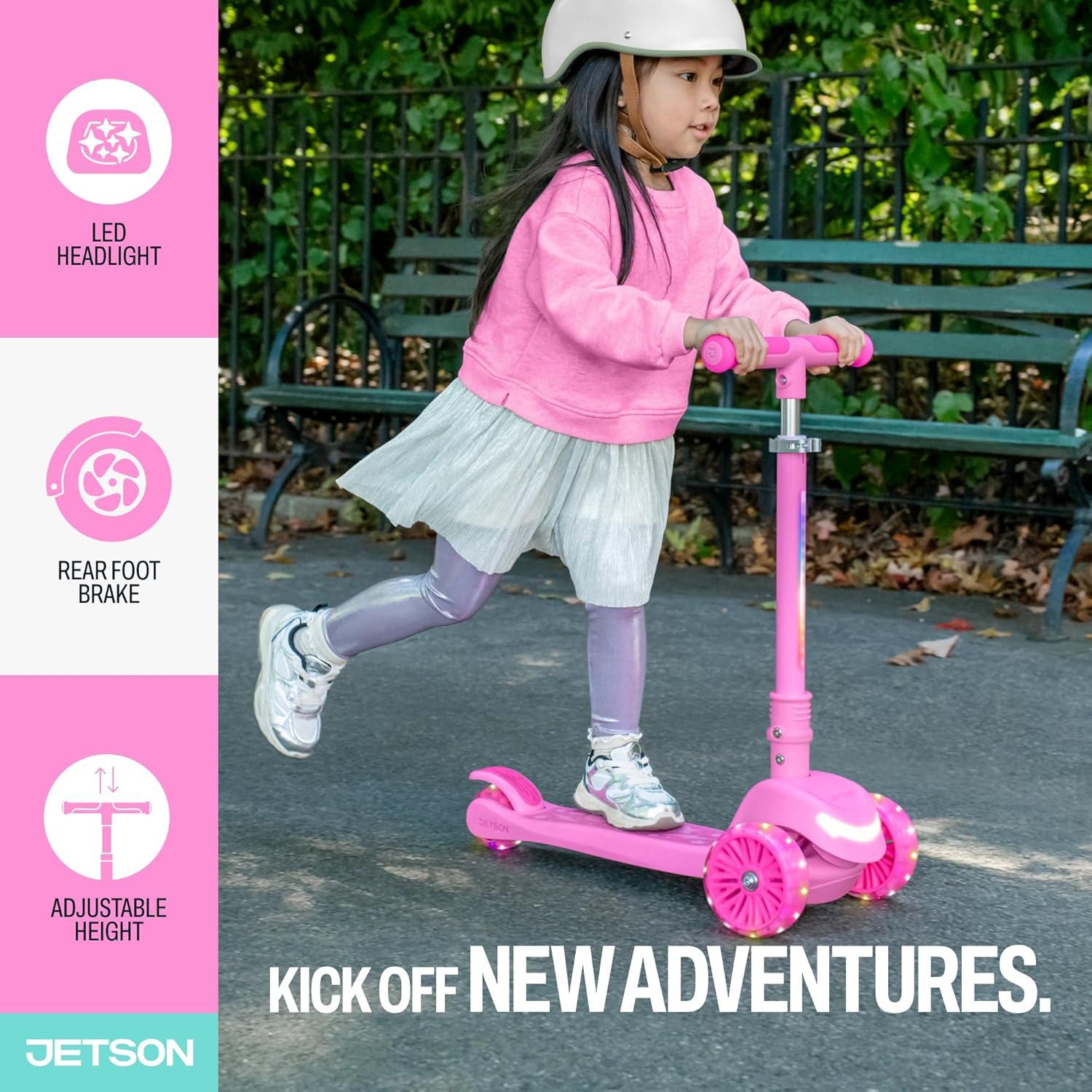 image:imageJetson 3Wheel LightUp Kick Scooter Lights on Stem amp Wheels Height Adjustable Handlebar Rear Brake Foldable Ages 3Pink