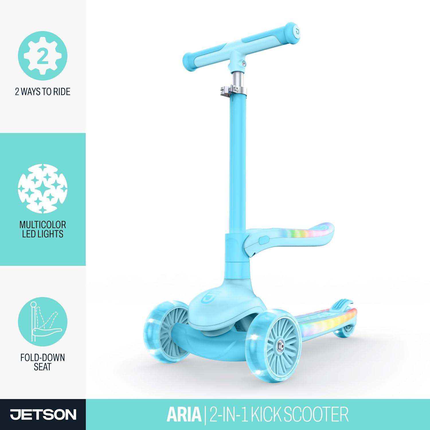 image:imageJetson Aria 2in1 Kick Scooter Convertible Seated RideOn and Standing 3Wheel Scooter for Kids and Preschoolers LED LightUp Deck and Seat Adjustable Height Ages 2 to 4 Blue