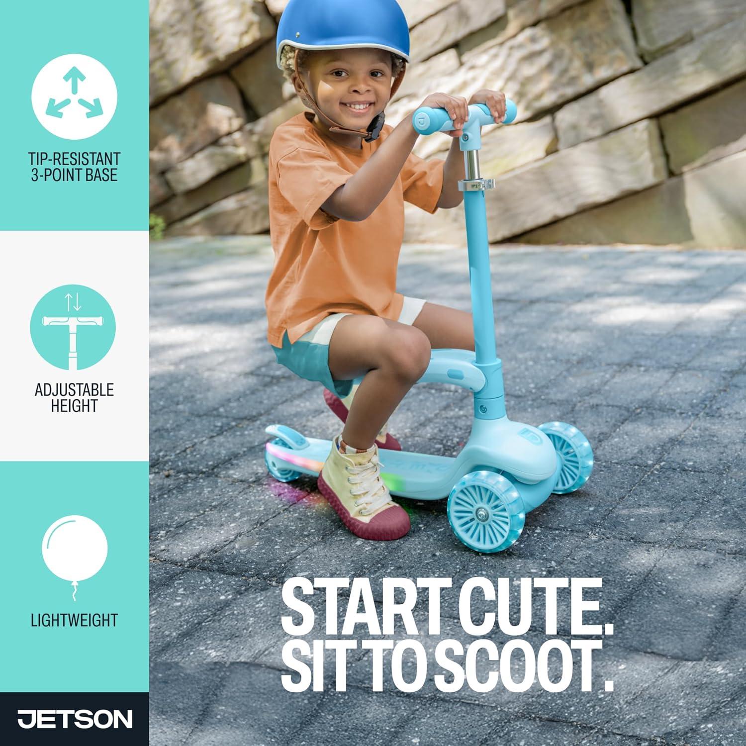 image:imageJetson Aria 2in1 Kick Scooter Convertible Seated RideOn and Standing 3Wheel Scooter for Kids and Preschoolers LED LightUp Deck and Seat Adjustable Height Ages 2 to 4 Blue